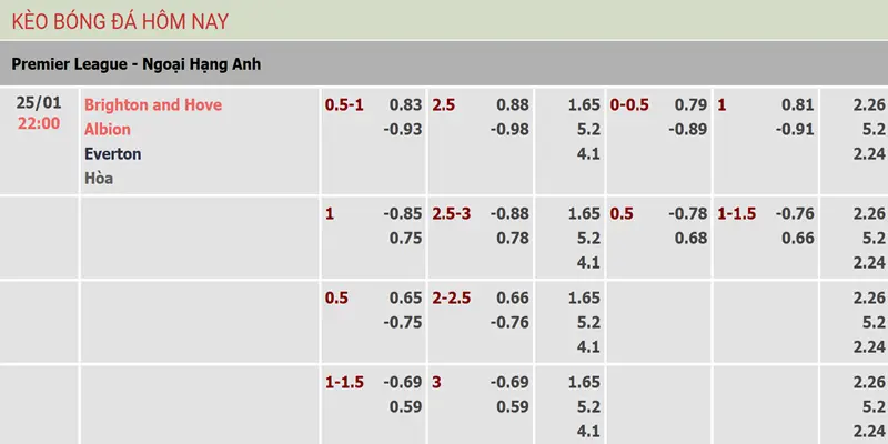 Soi Kèo Brighton Vs Everton vòng 23 NHA qua bảng tỷ lệ
